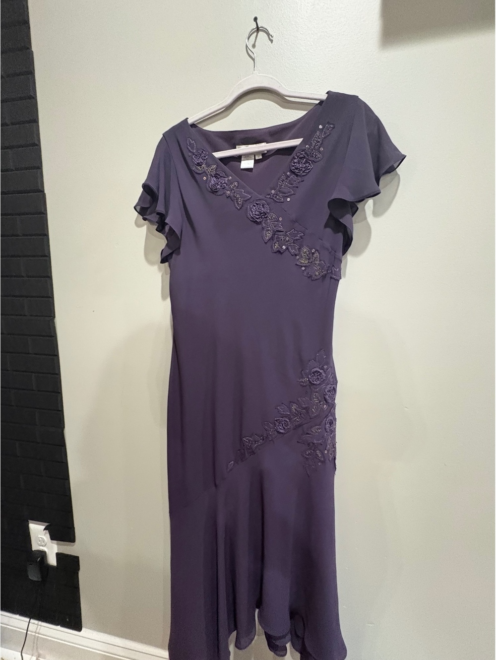 Purple Beaded Flutter Sleeve Dress